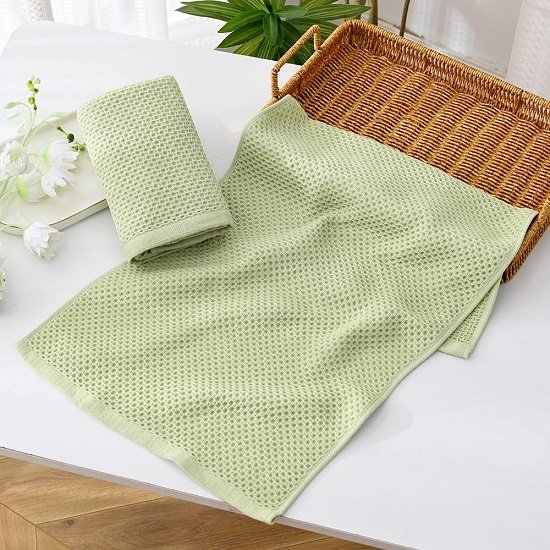 Green waffle hand towels, highly absorbent and quick-drying 100% cotton hand towels 13 inches X 29 inches (set of 2)