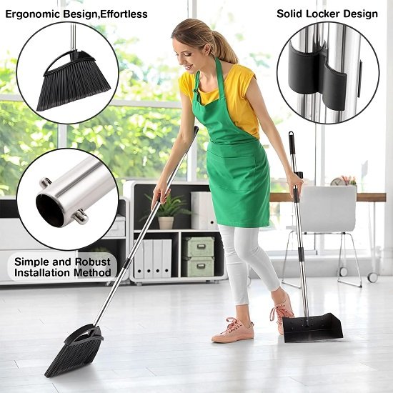 Long-Handed Dustpan and Broom Set, Upright Design, 54" Broom and 38" Dustpan Combination