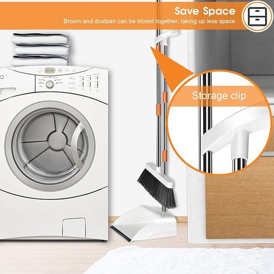 Broom and Dustpan Set, Upright Dustpan with 54" Stainless Steel Long Handle - White + Orange