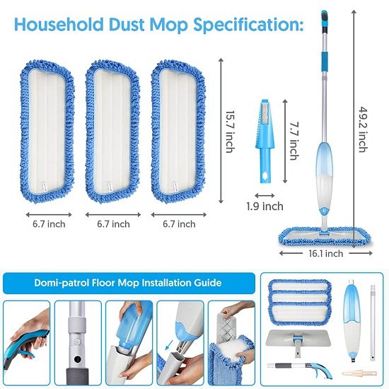 Microfiber Spray Mop for Floor Cleaning with 3 Reusable Mop Pads and 635ml Refillable Bottle, Blue